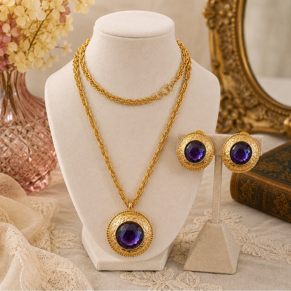 Vintage Etruscan Style Gold Tone Purple Acrylic Rhinestone Necklace& Earring Set